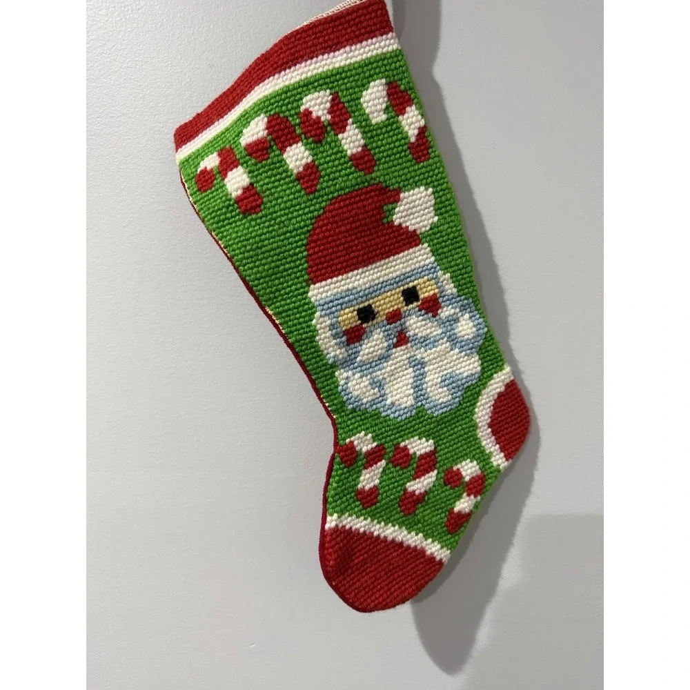 Vintage Handmade‎ Needlepoint Santa Stocking Candy Canes GUC Q